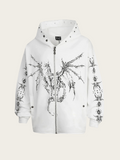 White hoodie with black dragon design on a white background