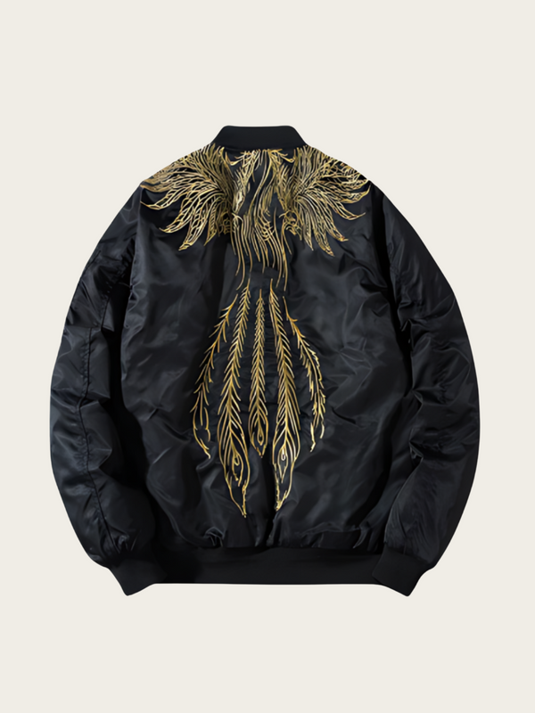 Black jacket with gold feather embroidery on a beige background