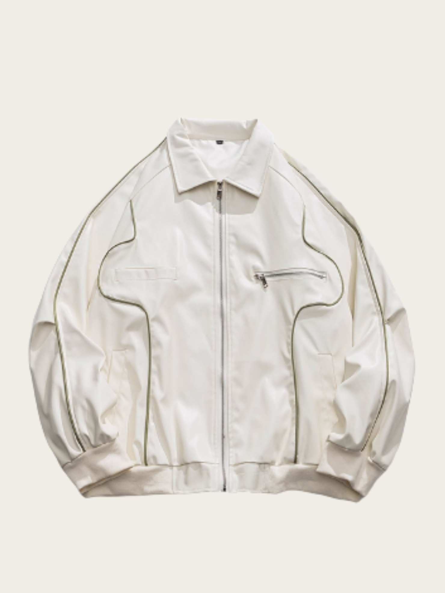 White jacket with black accents on a light beige background