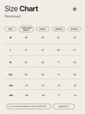 Size chart for clothing by Ruemood with measurements in centimeters.