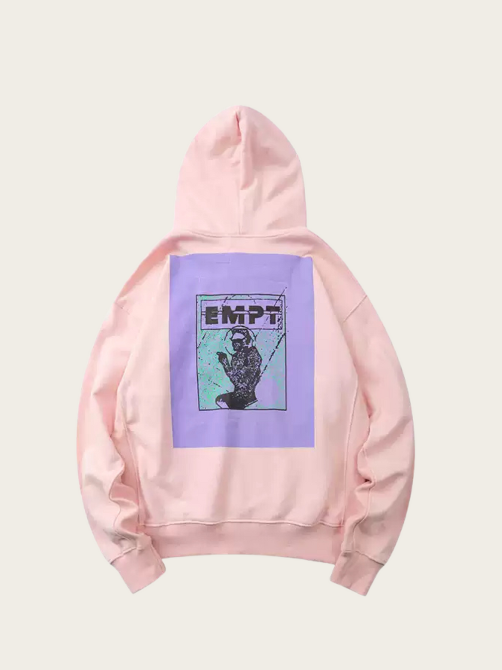 Pink hoodie with a purple patch featuring a graphic design on a light gray background
