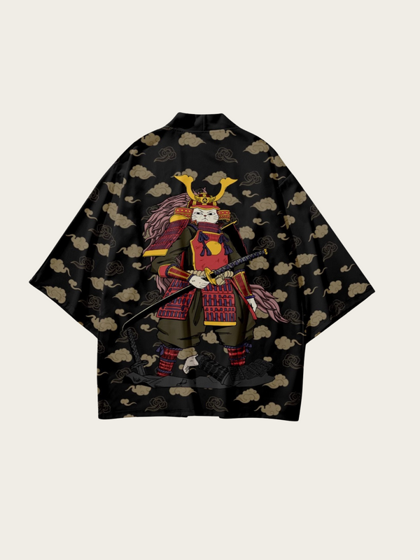 Samurai Cat Print Black Kimono Haori Jacket