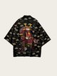 Samurai Cat Print Black Kimono Haori Jacket