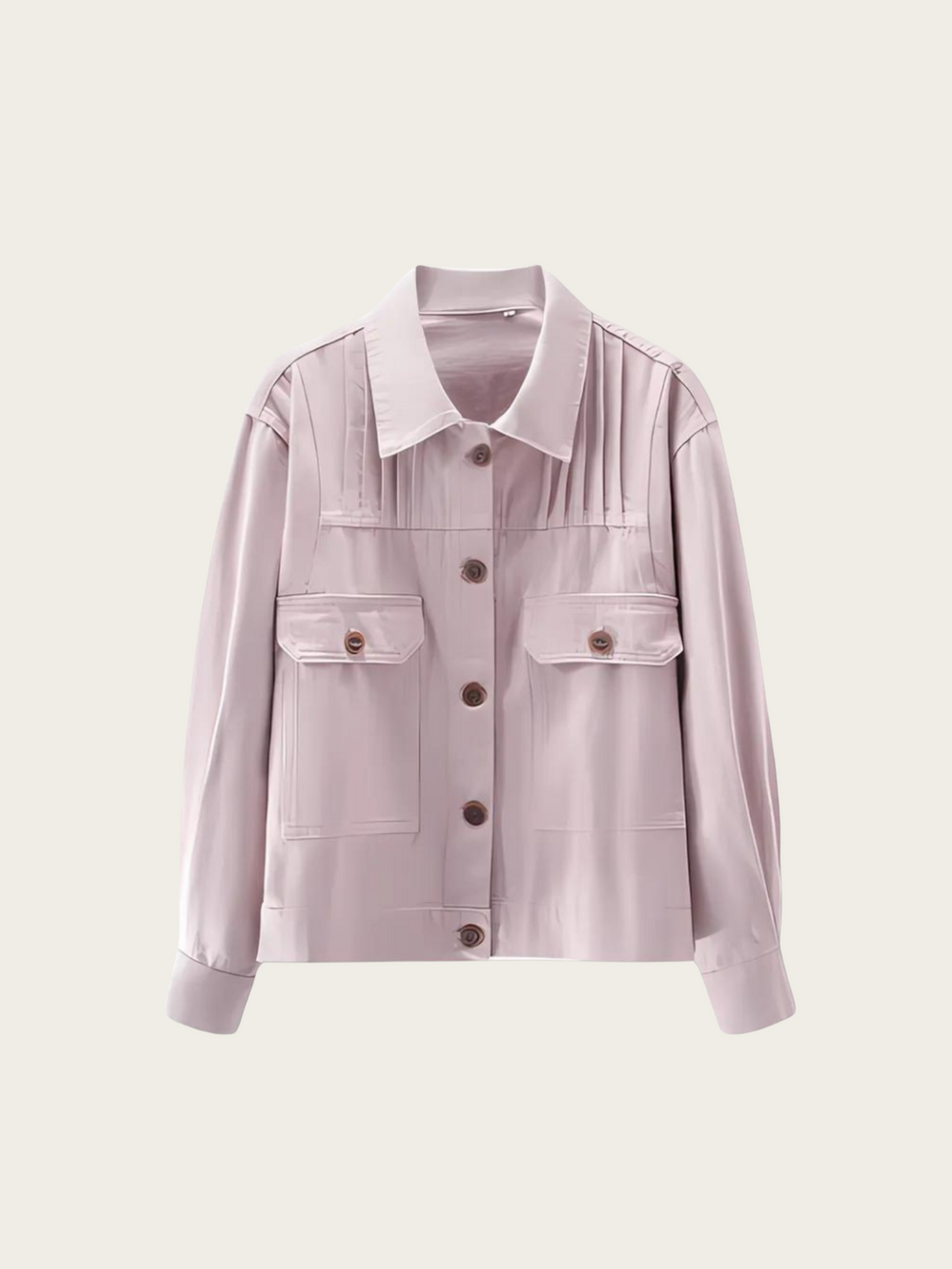 Light purple jacket with white collar on a light pink background
