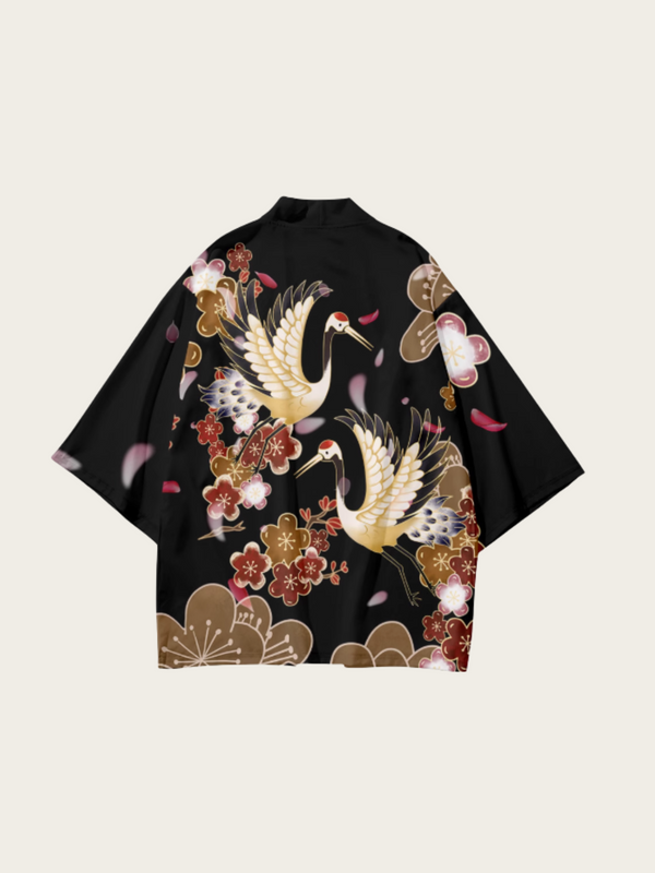 Crane Embroidered Black Kimono - – Crane