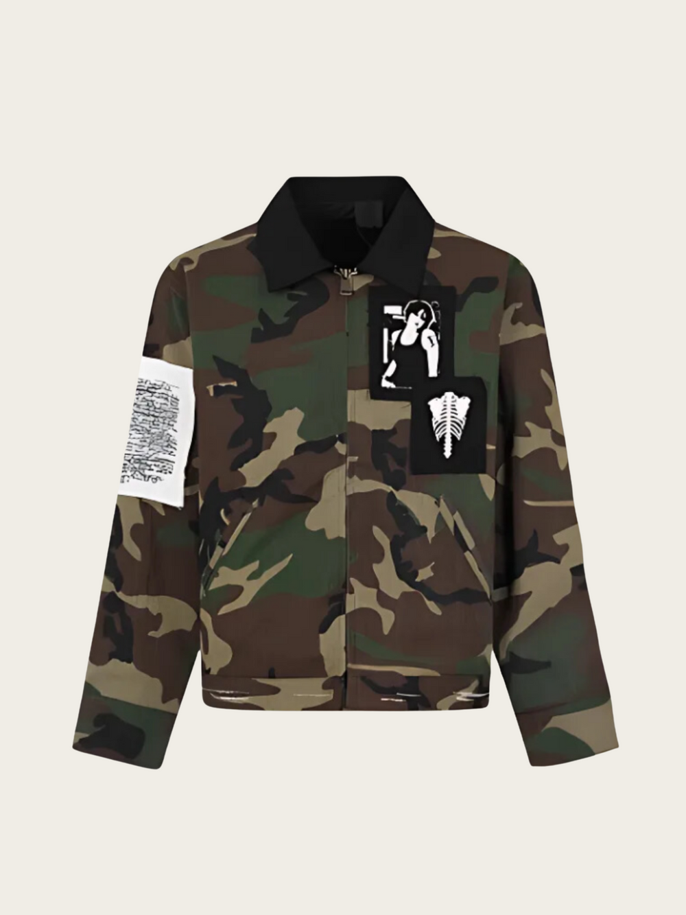 Camouflage jacket with brand logo on a light gray background