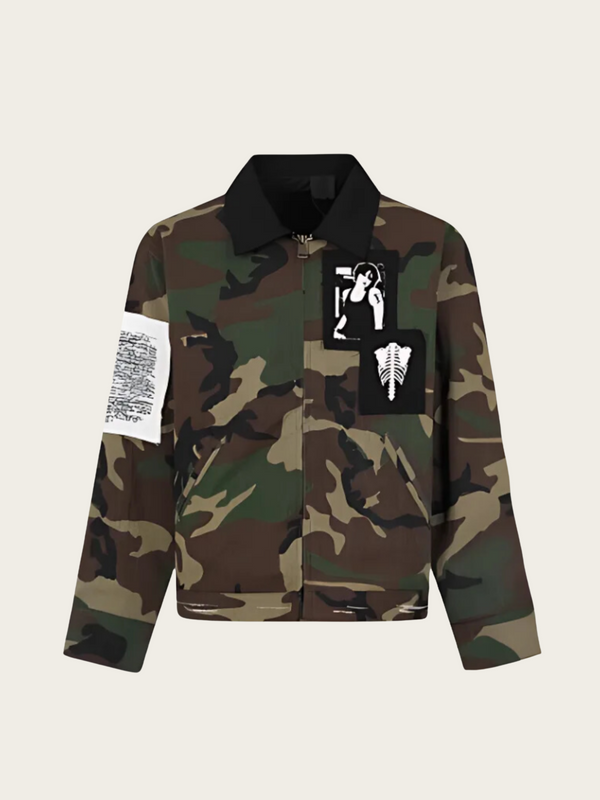 Camouflage jacket with brand logo on a light gray background
