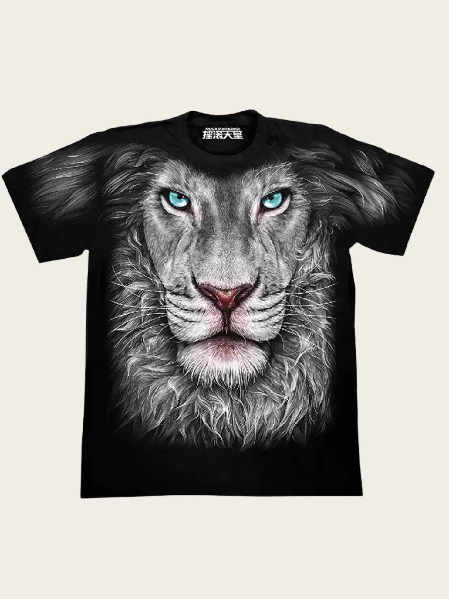 Black t-shirt with a graphic of a lion's face on a white background