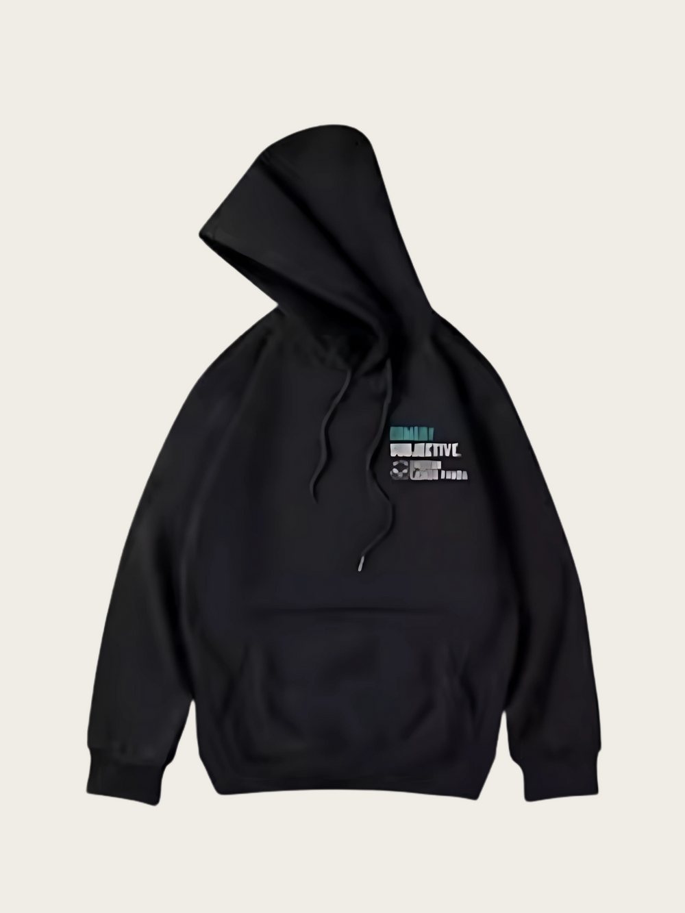Black hoodie with text on the chest against a light beige background