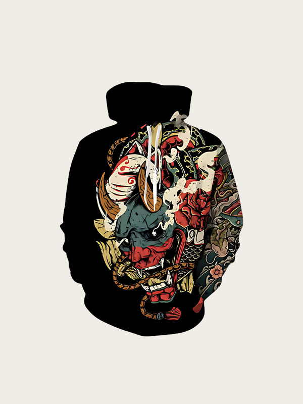 Black hoodie with colorful graphic design on a beige background