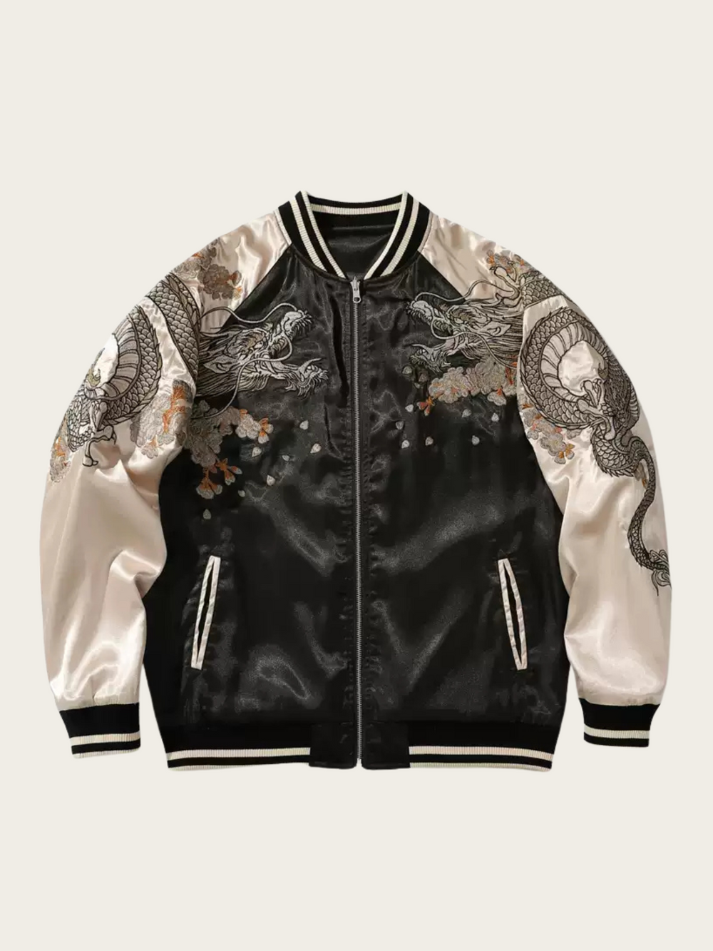 Black and white jacket with dragon and floral embroidery on a light gray background
