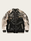 Black and white jacket with dragon and floral embroidery on a light gray background