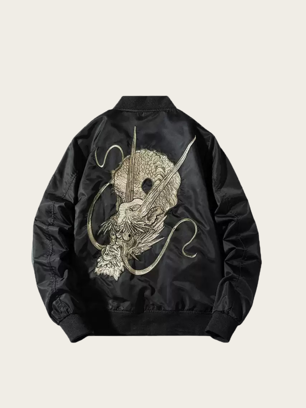 Black jacket with a dragon design on a beige background