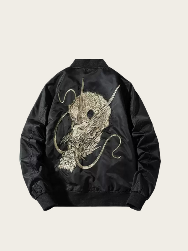 Black jacket with a dragon design on a beige background
