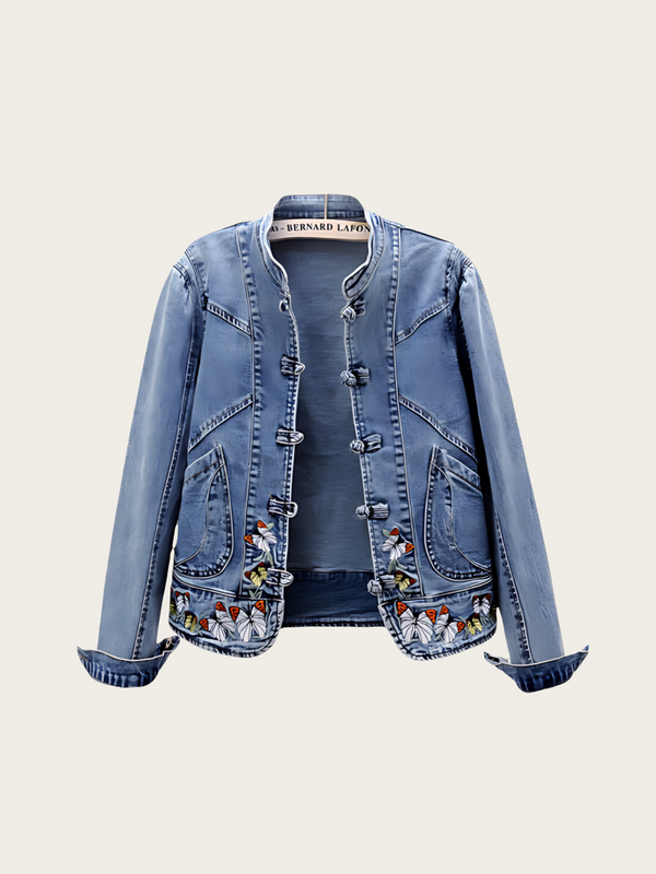 Embroidered Denim Jacket with Frog Button Closure & Butterfly Accents