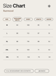 Size chart for clothing by Ruemood with measurements in centimeters.
