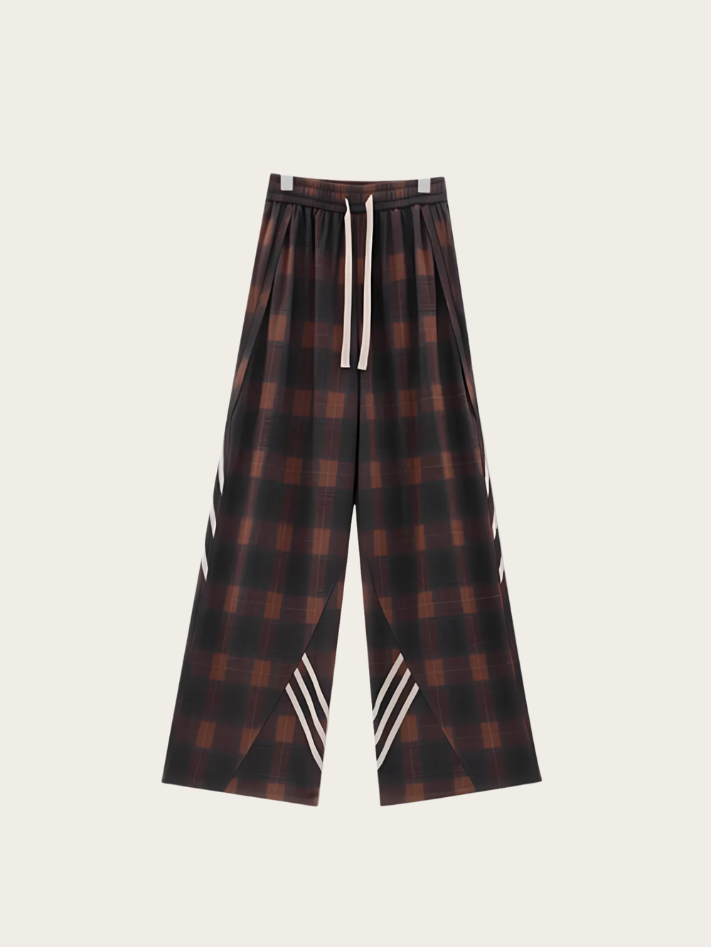 Plaid pants with white accents on a light gray background