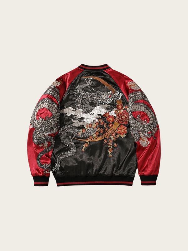 Twin Dragon Sukajan Bomber Jacket – Red & Ivory Sakura Series