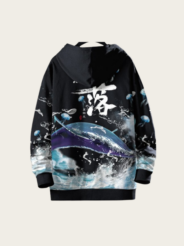 Hoodie with dolphin and wave design on a light gray background