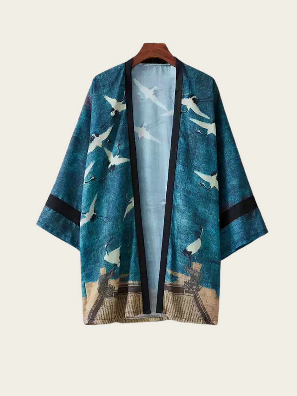 Blue Crane Print Kimono Cardigan – Traditional Japanese Haori Style