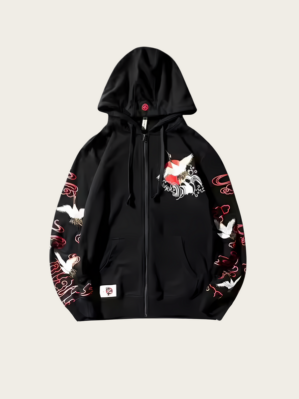 Black hoodie with colorful designs on a light gray background