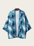 Teal Cat-Pattern Kimono Cardigan – Cool Unisex Layer