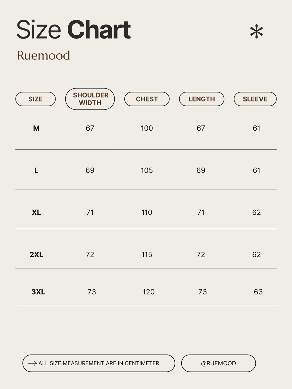 Size chart for clothing by Ruemood with measurements in centimeters.