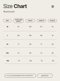 Size chart for clothing by Ruemood with measurements in centimeters.
