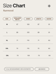 Size chart for clothing by Ruemood with measurements in centimeters.