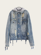 Denim jacket with distressed details on a white background