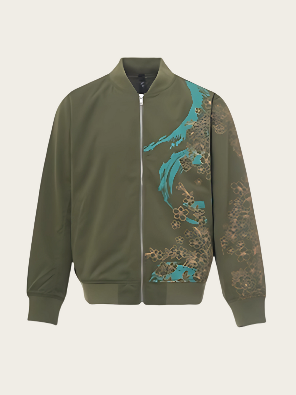 Green bomber jacket with turquoise and brown floral patterns on a beige background