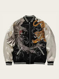 Bomber jacket with dragon and tiger design on a white background