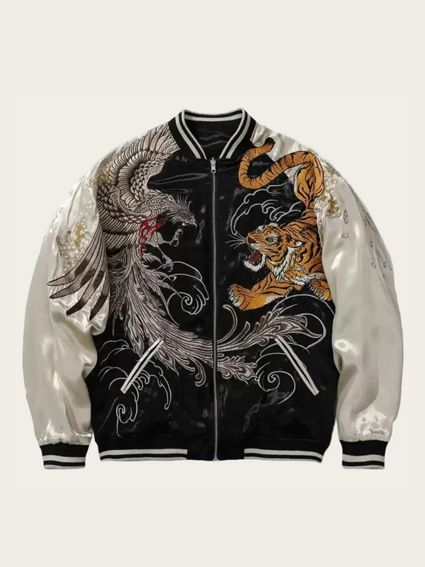 Bomber jacket with dragon and tiger design on a white background