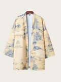 Vintage Landscape Print Kimono - Soft Yellow and Blue Design