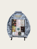 Denim jacket with patchwork design and brand name on a beige background