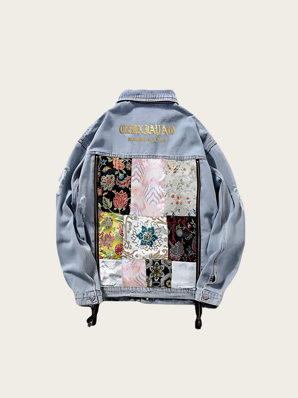 Denim jacket with patchwork design and brand name on a beige background