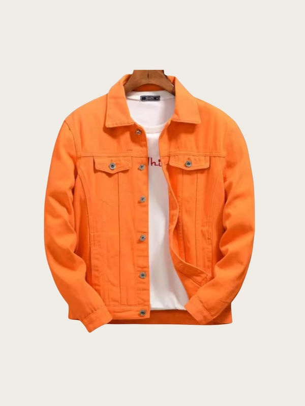 Orange denim jacket on a hanger against a white background
