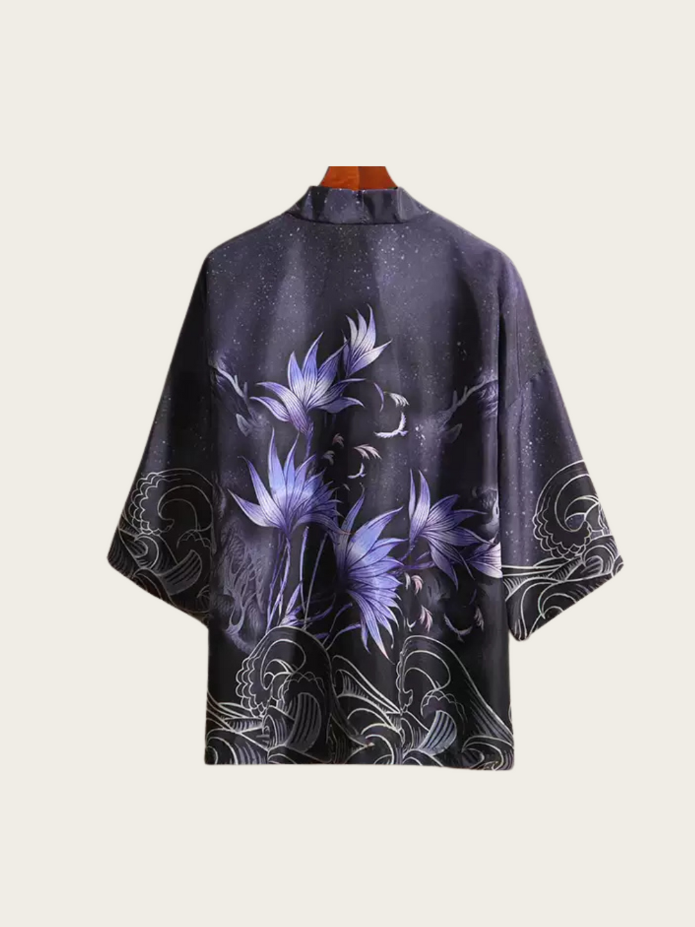 Men's Black Kimono Cardigan with Purple Floral & Wave Print