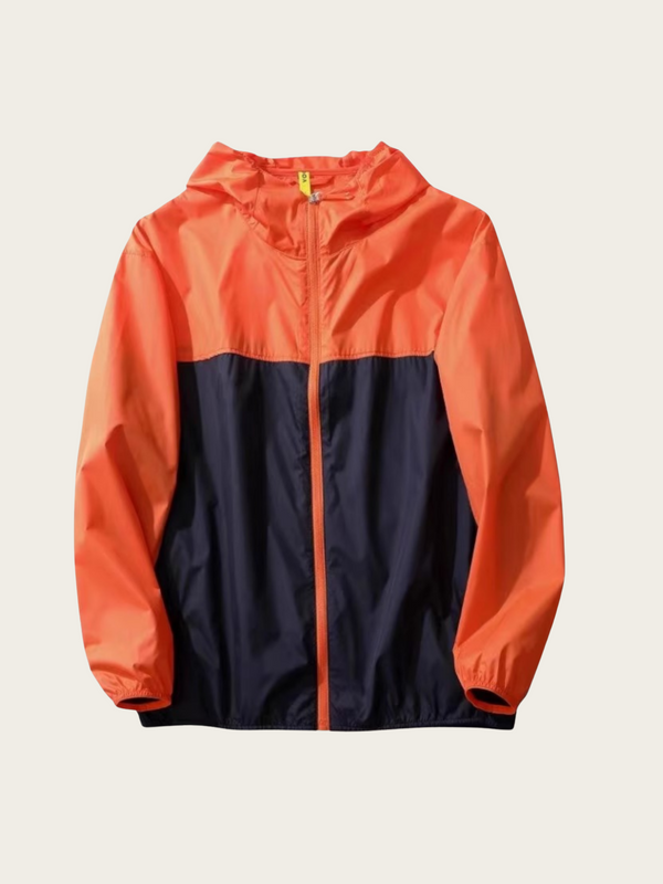 Orange and navy jacket on a beige background