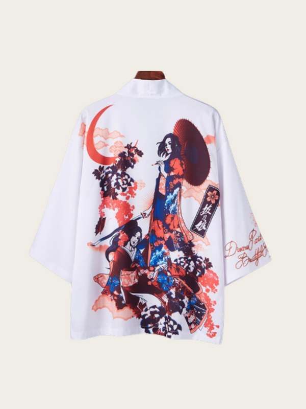 Japanese Geisha Print White Kimono Haori Cardigan Jacket