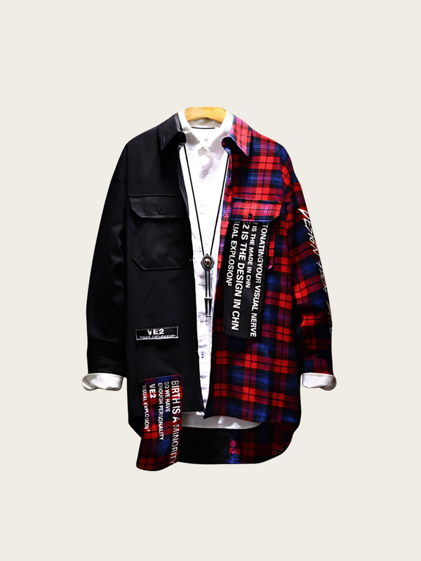 Black and red plaid shirt with text on a white background