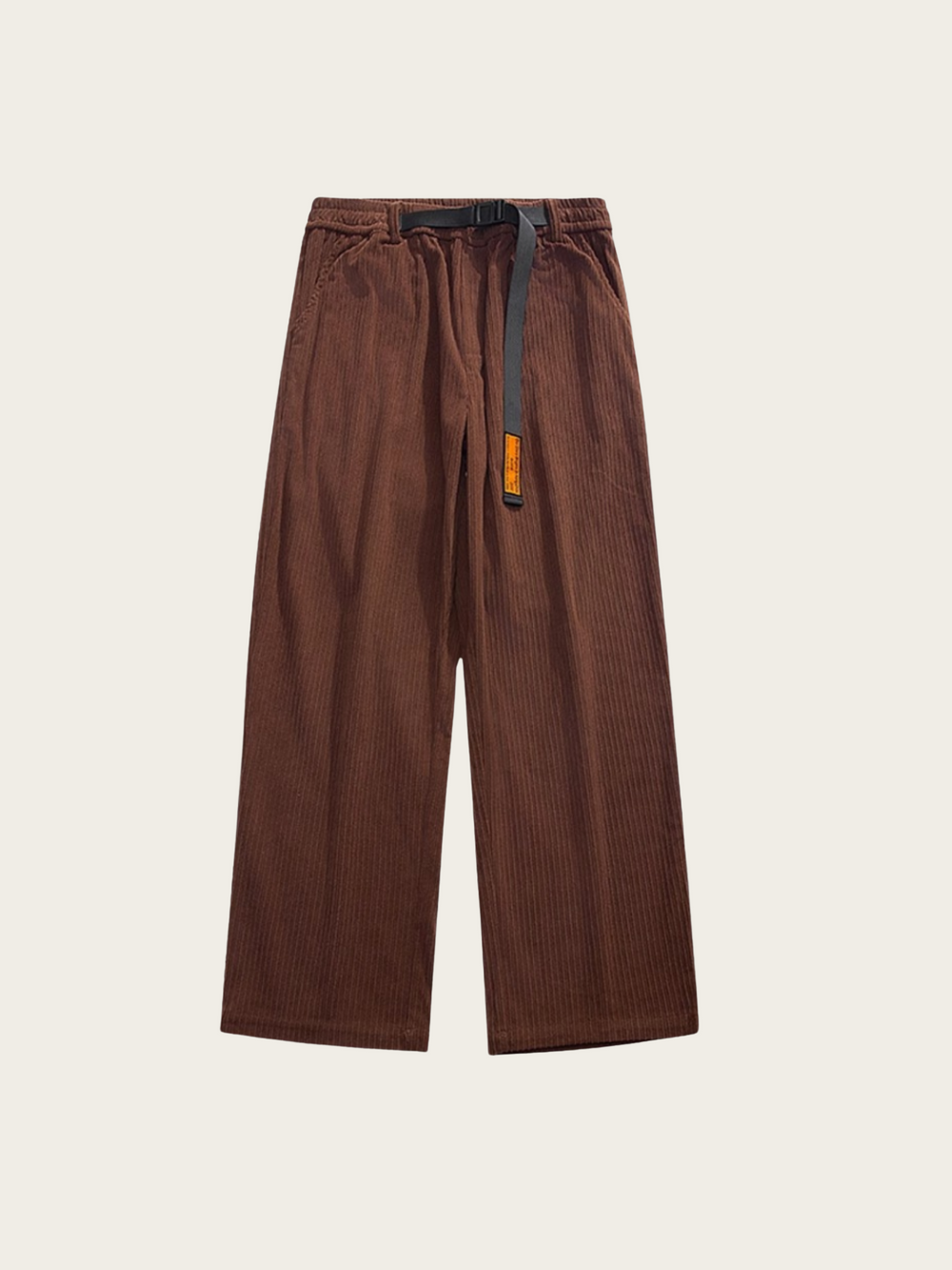 Brown corduroy pants with a belt on a beige background