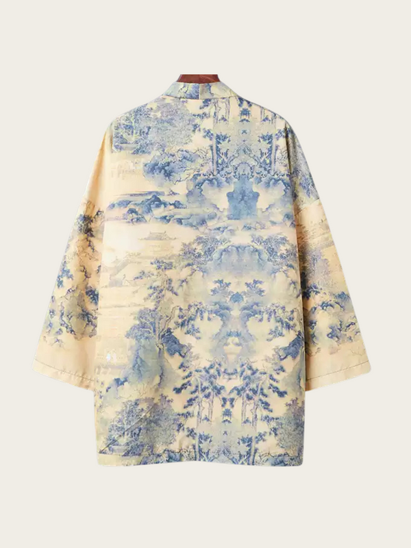 Vintage Landscape Print Kimono - Soft Yellow and Blue Design