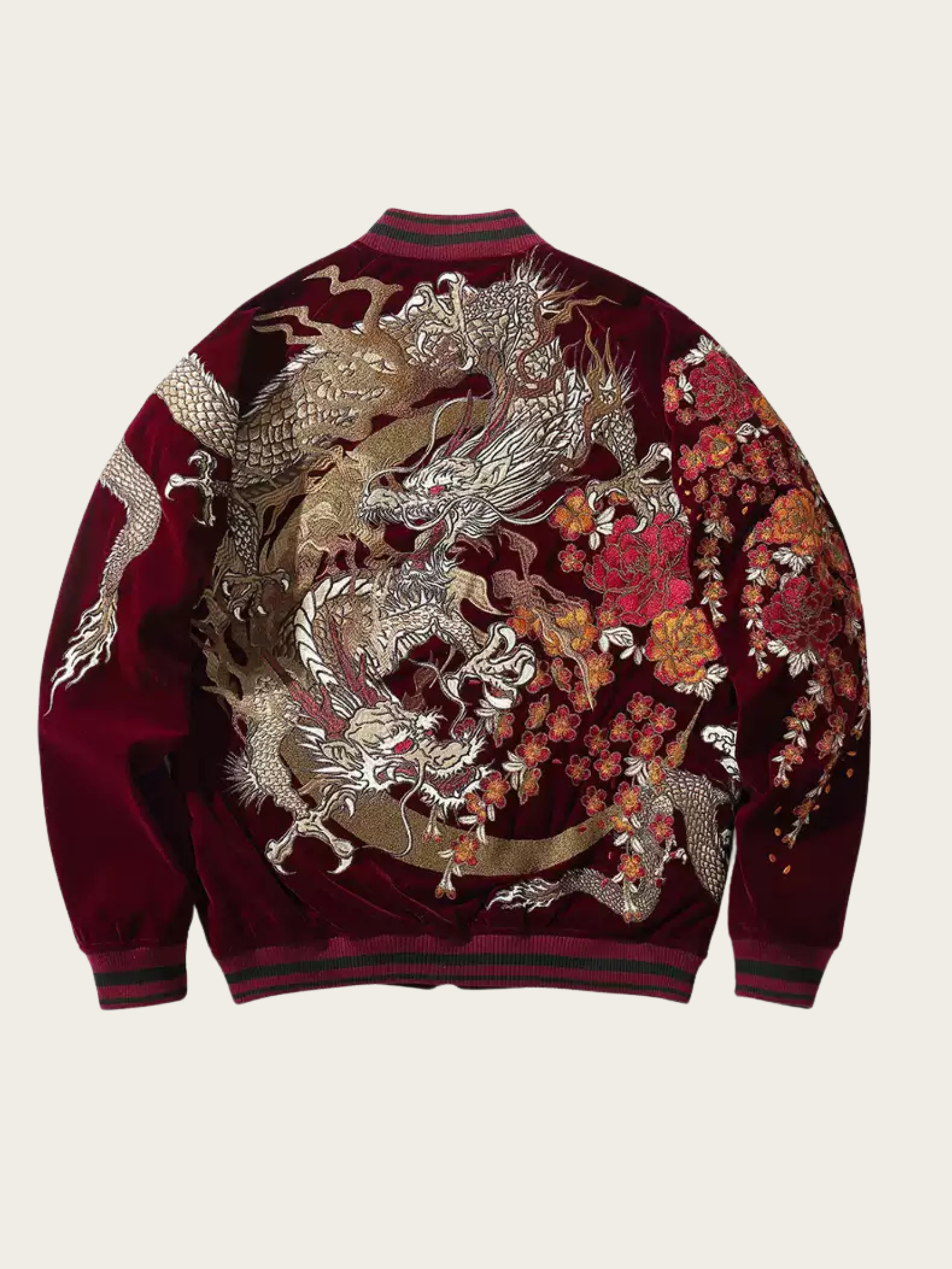 Velvet jacket with dragon and floral embroidery on a beige background