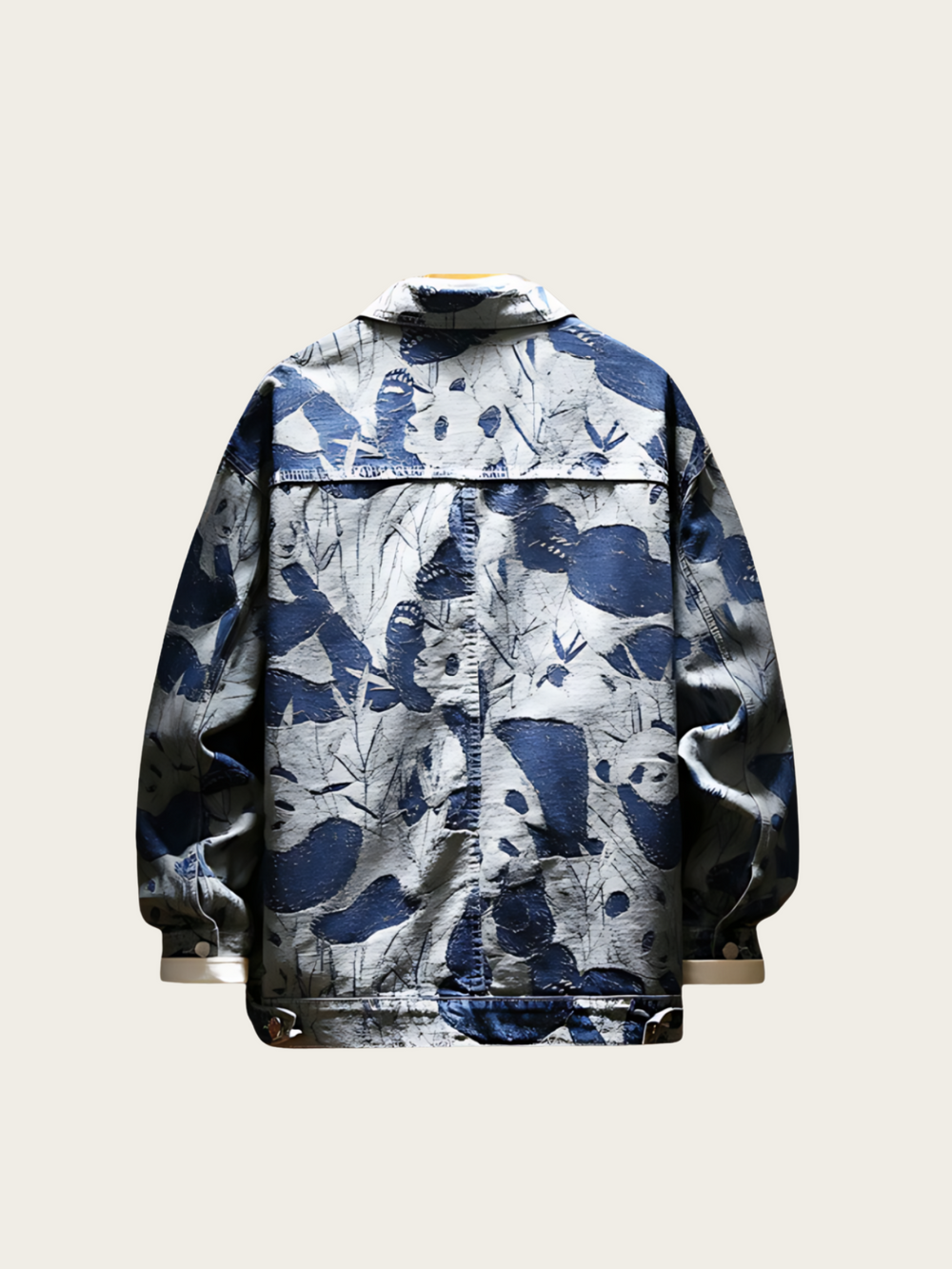 Camouflage-patterned jacket on a light beige background
