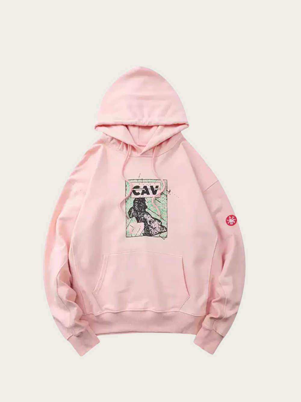 Pink hoodie with a graphic design on a light beige background
