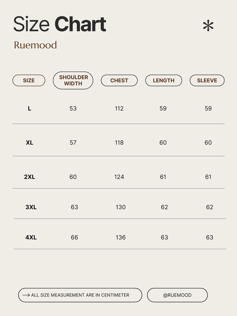 Size chart for clothing by Ruemood with measurements in centimeters.