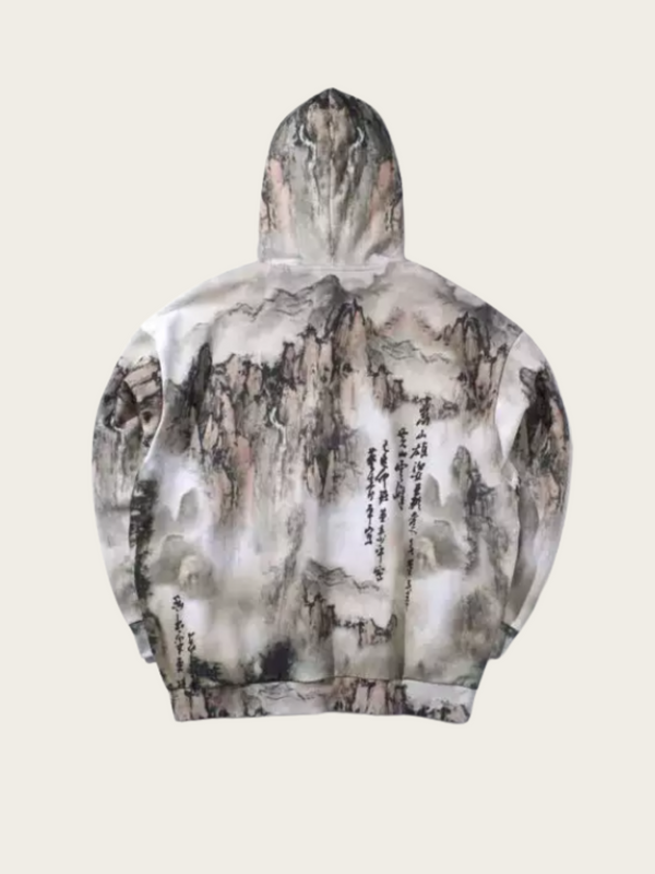 Hoodie with a landscape design on a plain background