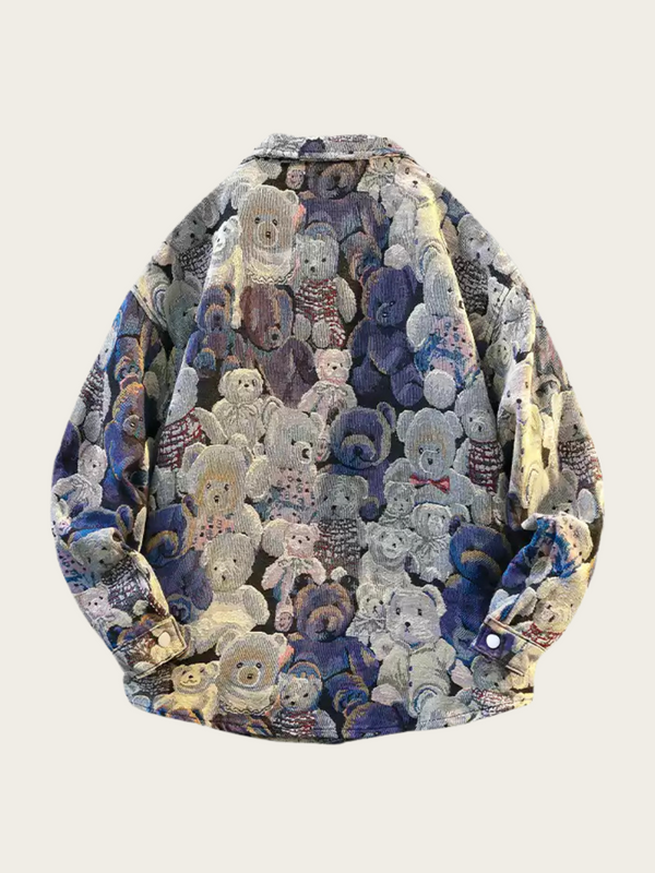 Patterned fabric with teddy bear design on a light gray background