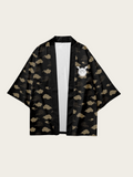 Samurai Cat Print Black Kimono Haori Jacket
